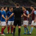 Spelers en staf rond de scheidsrechter na Sporting Charleroi tegen Club Brugge, zonder herkenbare gezichten.