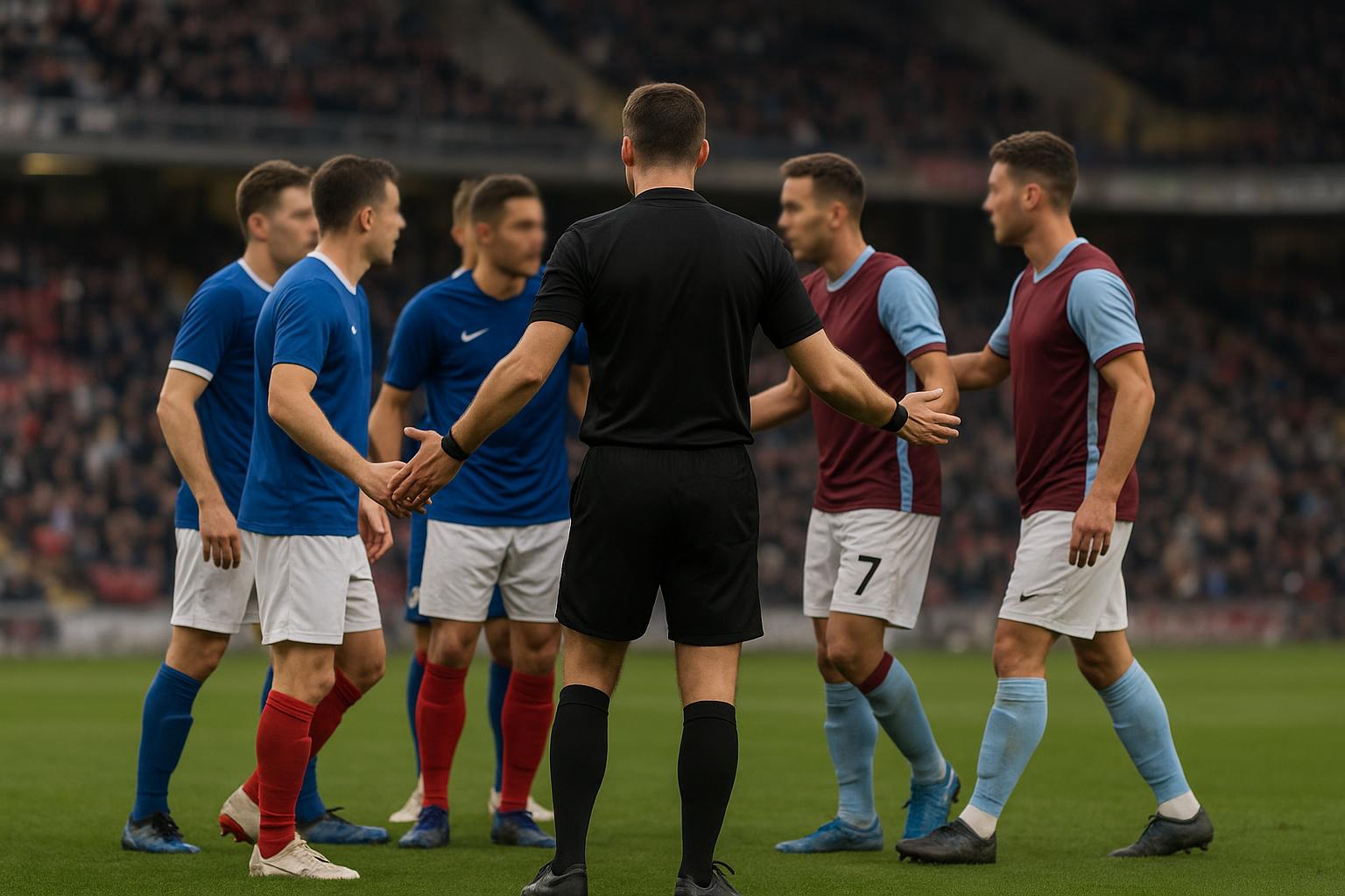 Spelers en staf rond de scheidsrechter na Sporting Charleroi tegen Club Brugge, zonder herkenbare gezichten.