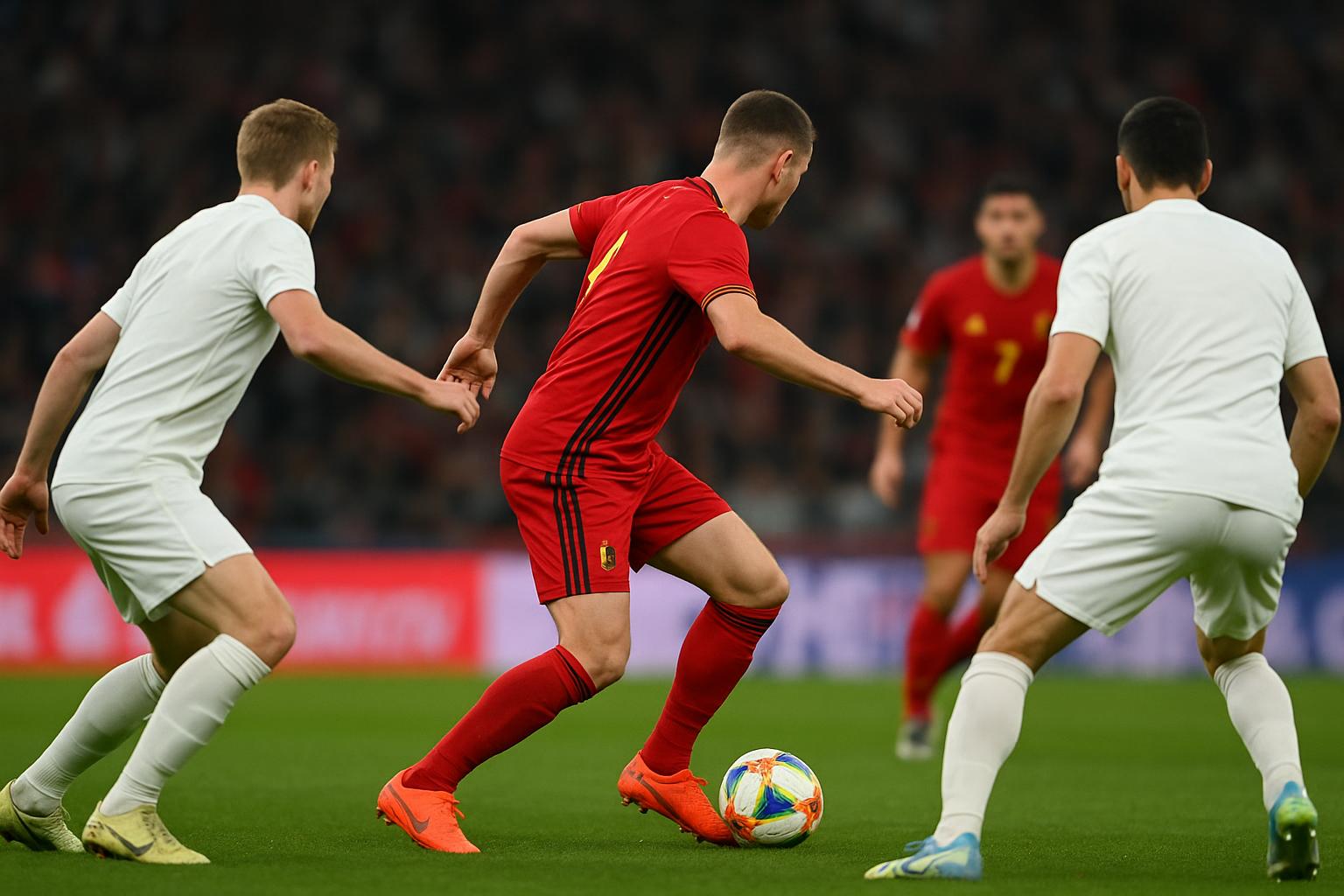 Spelers van Belgiƫ en de Verenigde Staten op het veld tijdens een oefenmatch met moeilijk te onderscheiden shirts