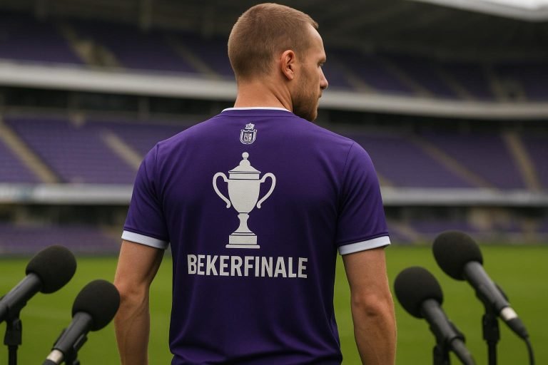 Paars wedstrijdshirt van RSC Anderlecht met verwijzing naar de bekerfinale tegen Union