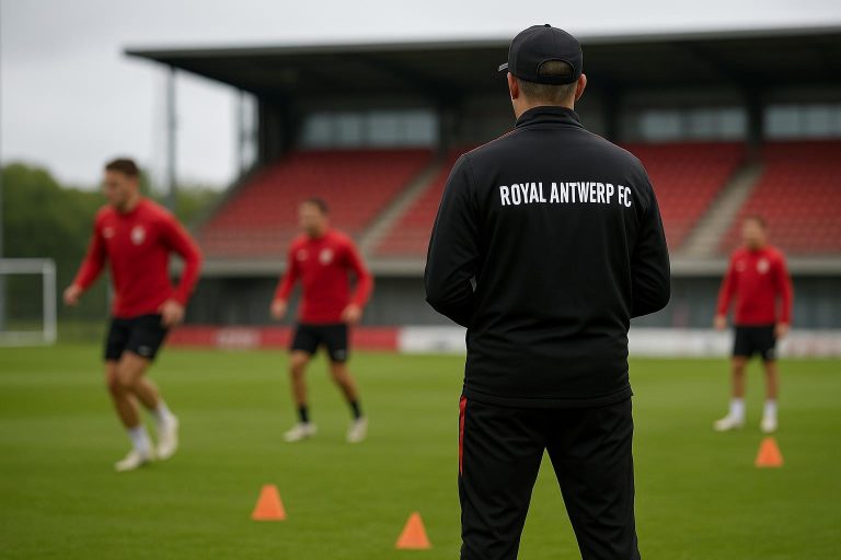 Sfeerbeeld rond de trainersstaf van Royal Antwerp FC op het oefenveld