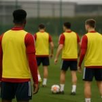 Sfeerbeeld van Arsenal op training met spelers op de achtergrond zonder herkenbare gezichten