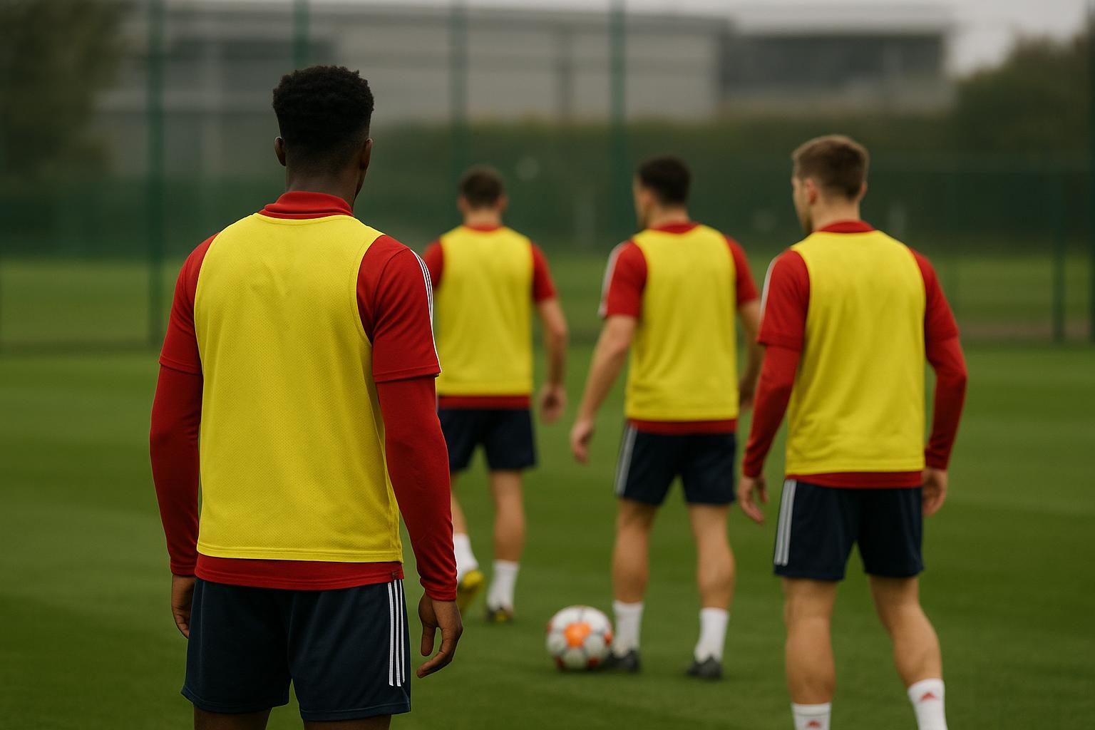 Sfeerbeeld van Arsenal op training met spelers op de achtergrond zonder herkenbare gezichten