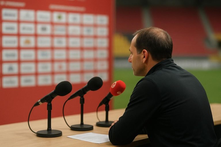Hein Vanhaezebrouck tijdens een persmoment terwijl hij de titelstrijd analyseert