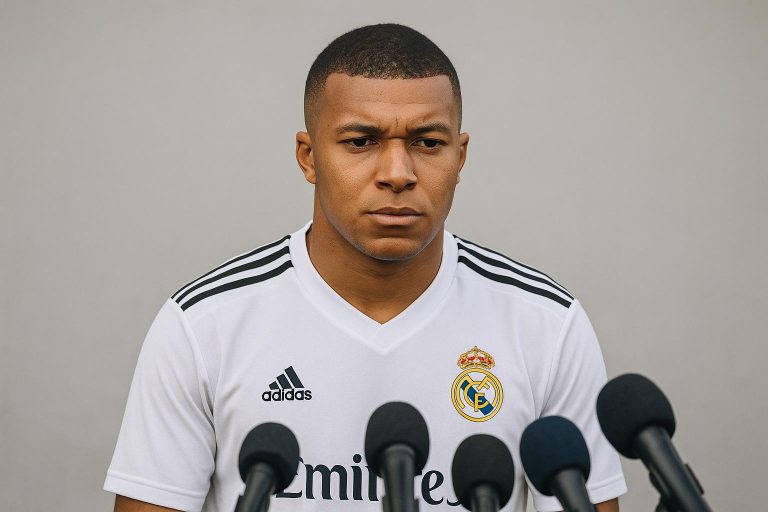 Kylian Mbappé op het trainingsveld van Real Madrid, gezien van achteren