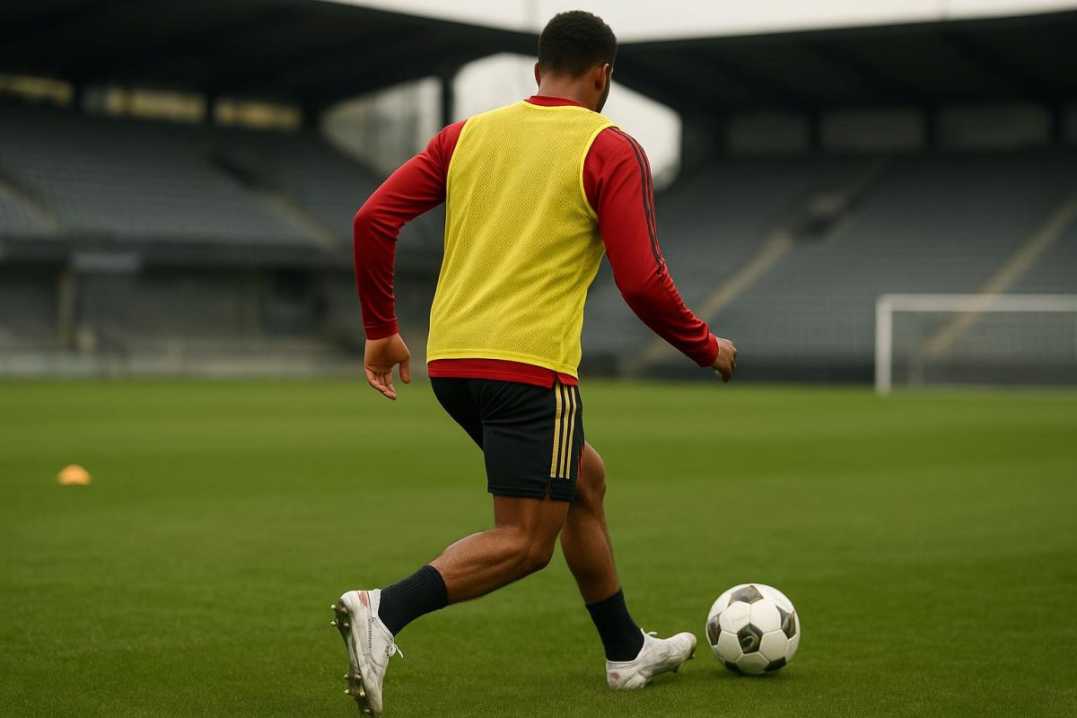 Mika Godts in trainingstenue tijdens een oefensessie op stage met de nationale ploeg
