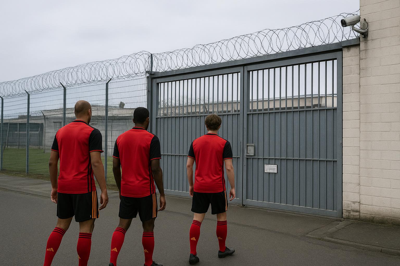 Buitenzicht van de gevangenis van Turnhout met gesloten poort en bewaking