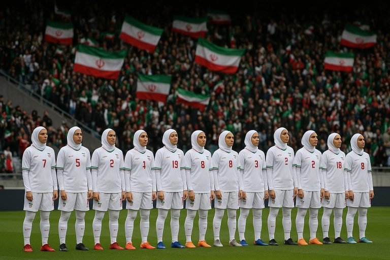 Iraanse voetbalvrouwen staan in lijn tijdens het volkslied in een stadion op de Asian Cup