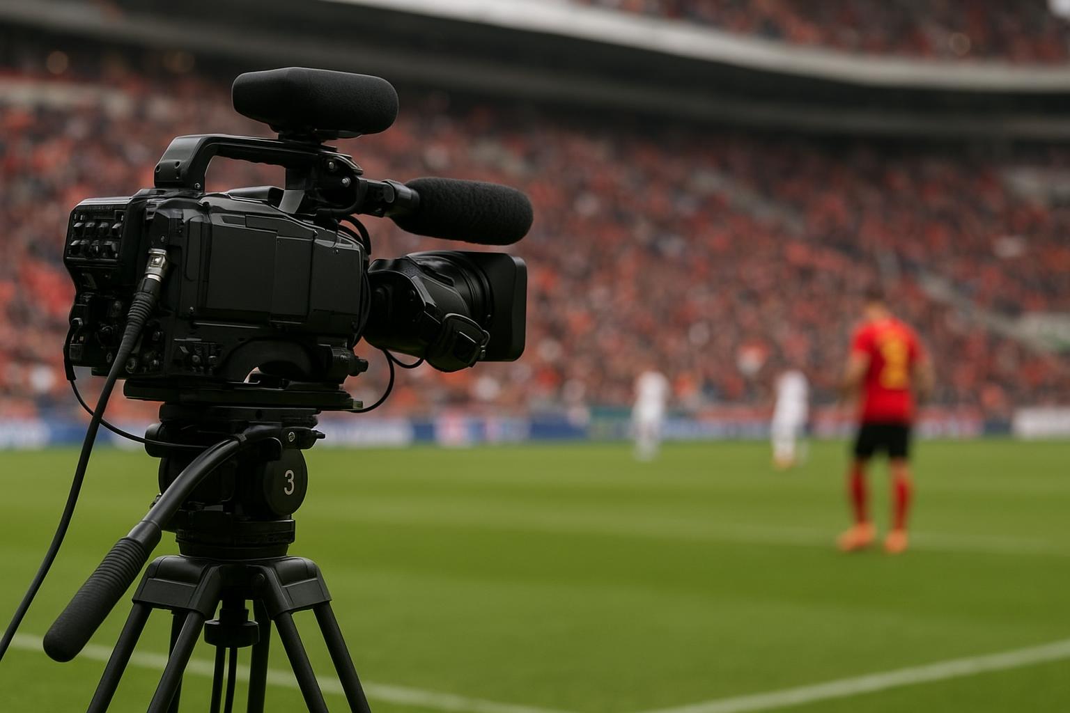 Tv-camera langs het veld tijdens een interland met Rode Duivels-context