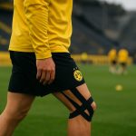 Trainingssituatie bij Borussia Dortmund met focus op een knieblessure, zonder herkenbare gezichten.
