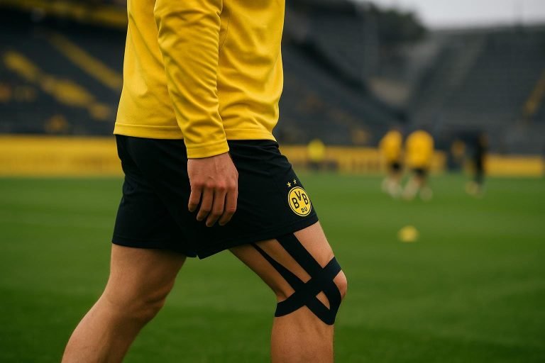 Trainingssituatie bij Borussia Dortmund met focus op een knieblessure, zonder herkenbare gezichten.