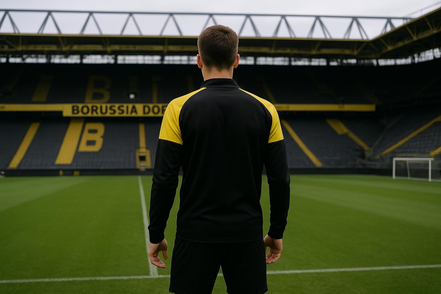 Sfeerbeeld van een trainingsmoment met een jonge verdediger in Dortmund-context