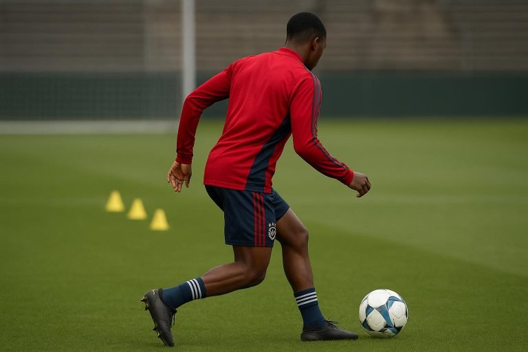 Rayane Bounida in Ajax-tenue tijdens een trainingsmoment, gefotografeerd vanop afstand