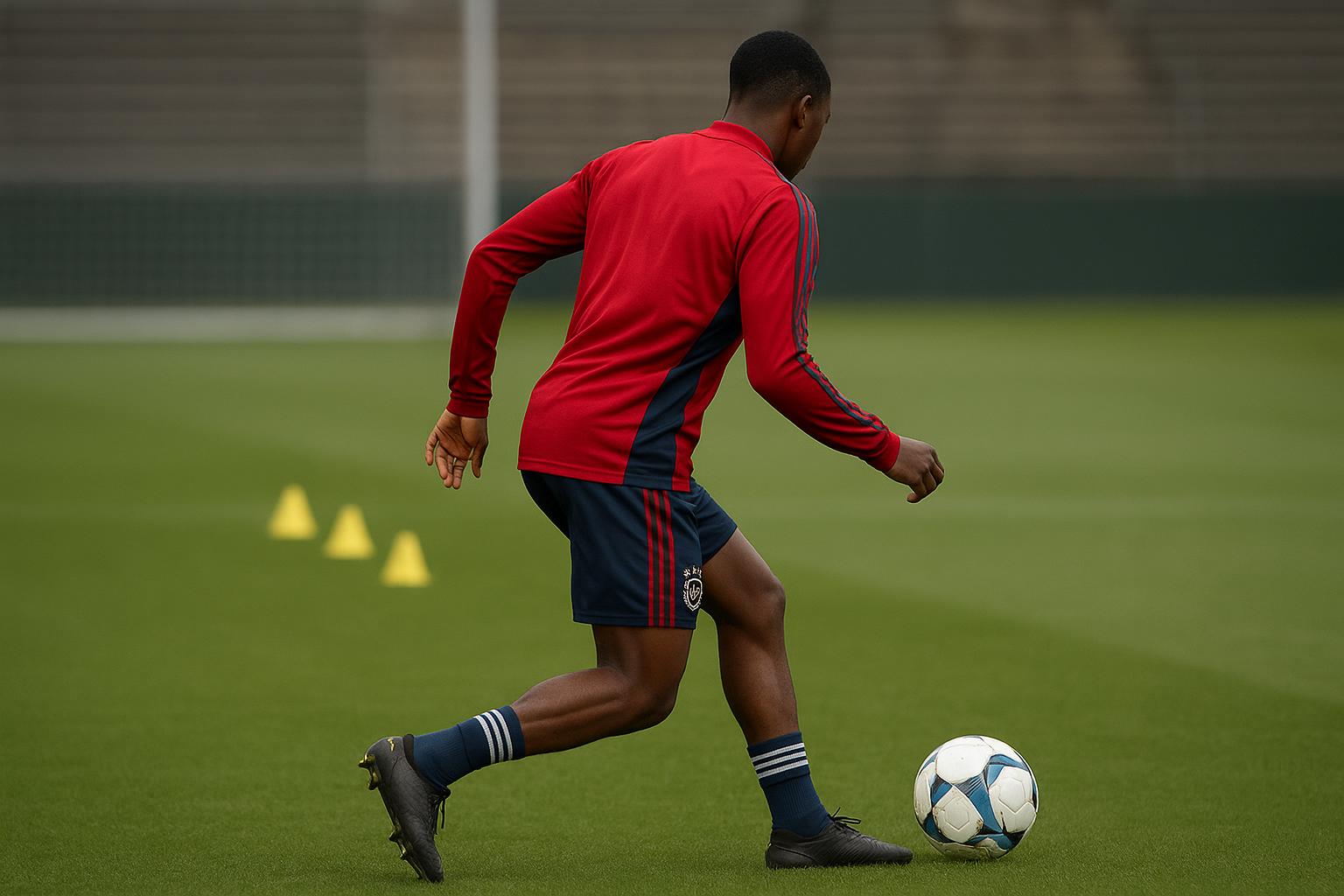 Rayane Bounida in Ajax-tenue tijdens een trainingsmoment, gefotografeerd vanop afstand