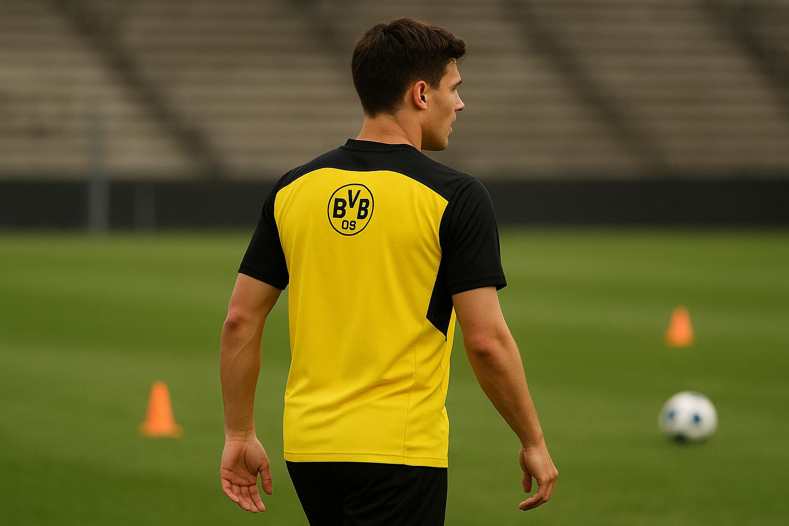 Jonge centrale verdediger op training in Dortmund-context, zonder herkenbare gezichten