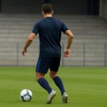 Een speler van Club Brugge op het oefenveld, gezien van achteren