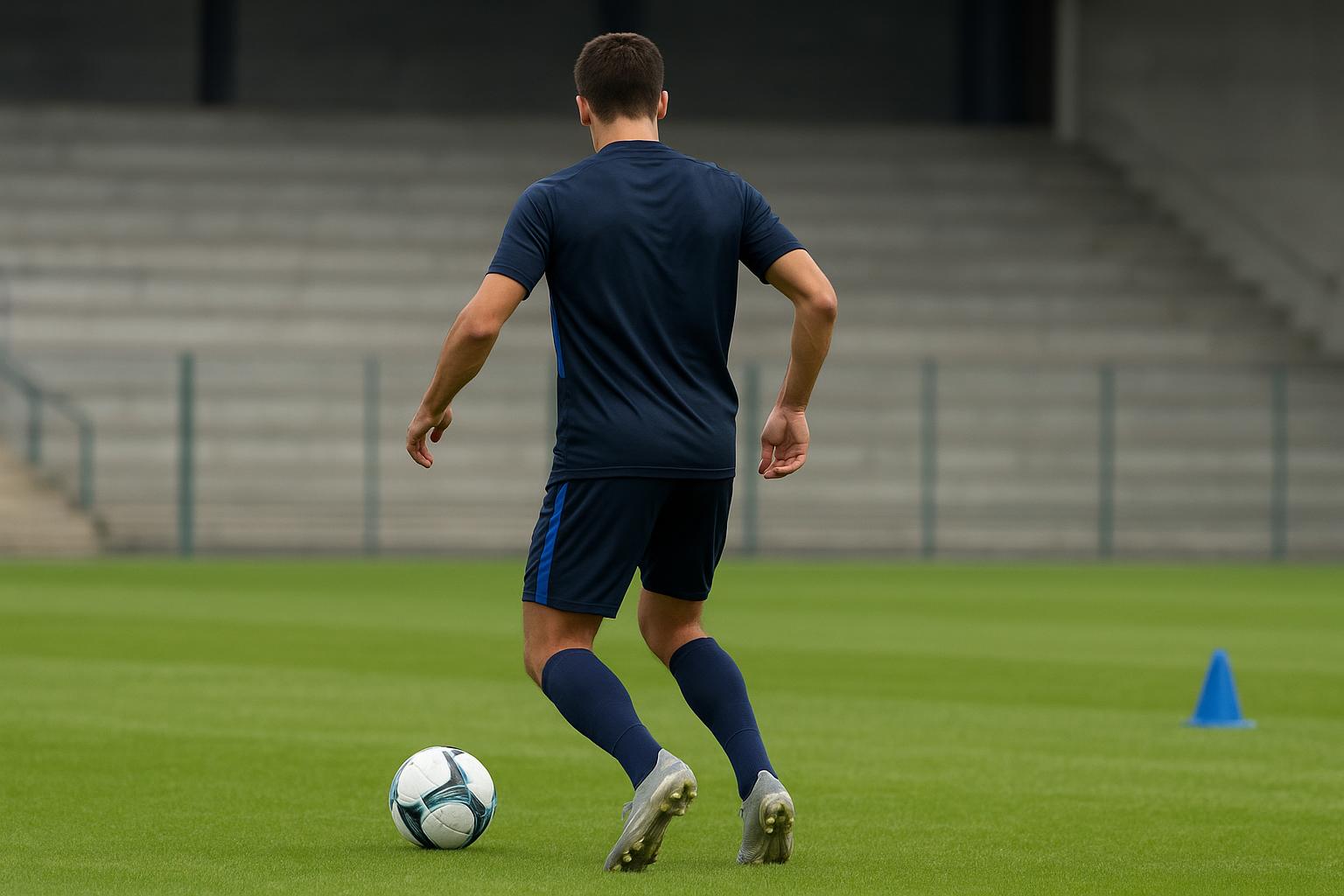 Een speler van Club Brugge op het oefenveld, gezien van achteren