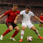 Spelers van de Rode Duivels in actie tijdens de oefenmatch tegen de Verenigde Staten in een vol stadion