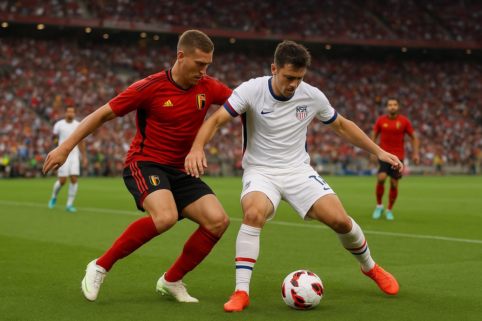 Spelers van de Rode Duivels in actie tijdens de oefenmatch tegen de Verenigde Staten in een vol stadion