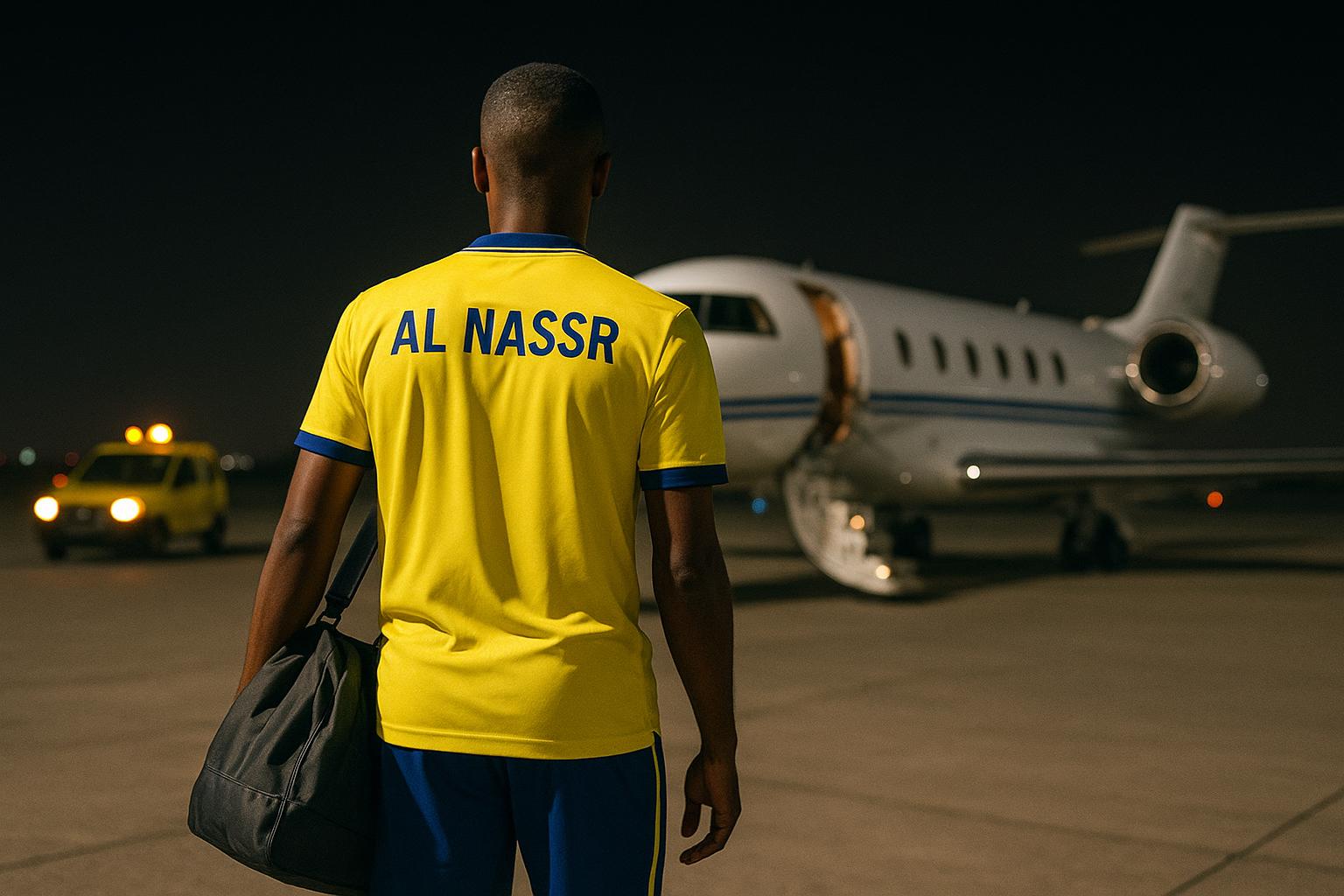 Privéjet op het tarmac bij nacht in Riyad, in een gespannen context