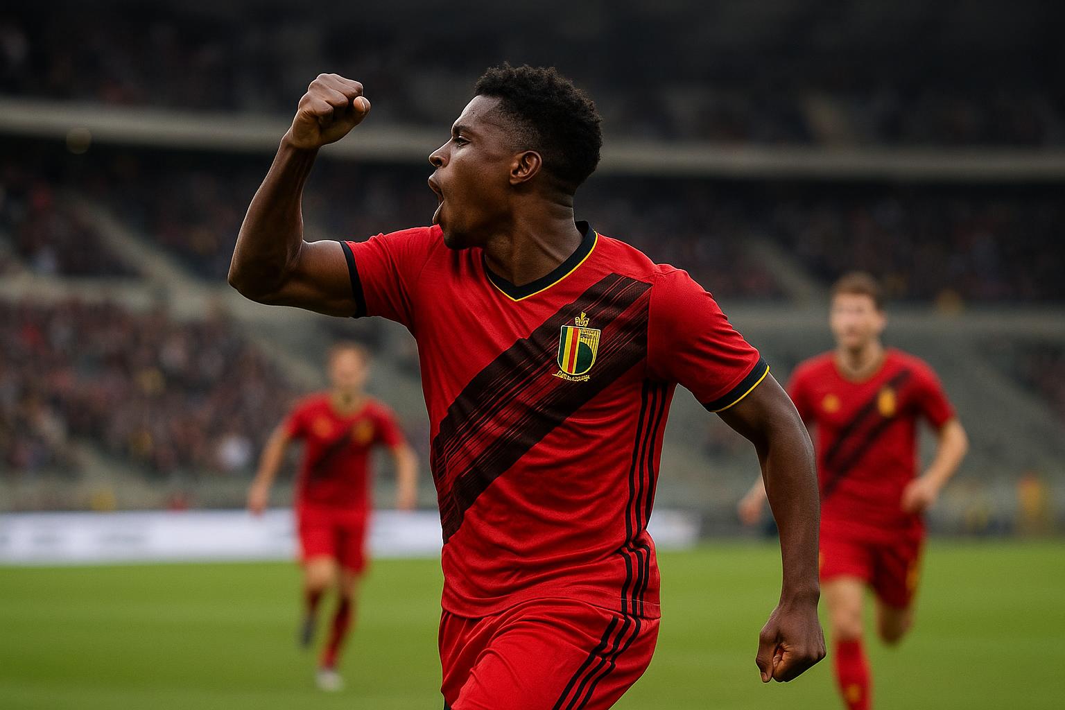 Dodi Lukebakio van de Rode Duivels reageert zichtbaar emotioneel na een doelpunt.