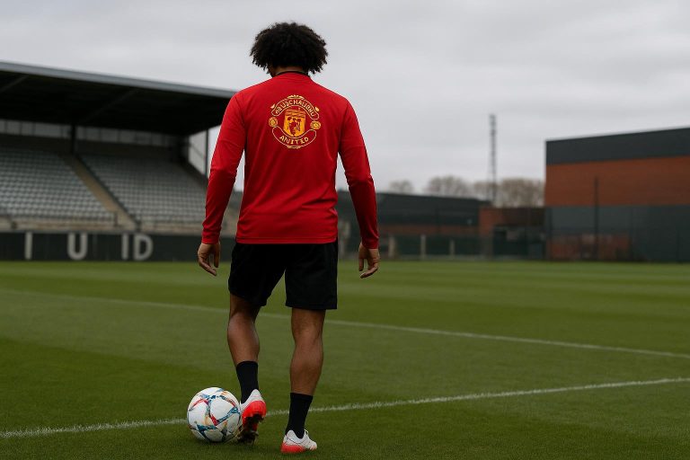 Joshua Zirkzee op training bij Manchester United, gefotografeerd zonder herkenbare gezichten