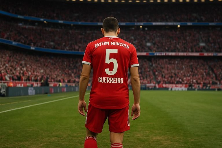 Raphaël Guerreiro in Bayern-tenue tijdens een wedstrijd, gefotografeerd vanop afstand in het stadion.