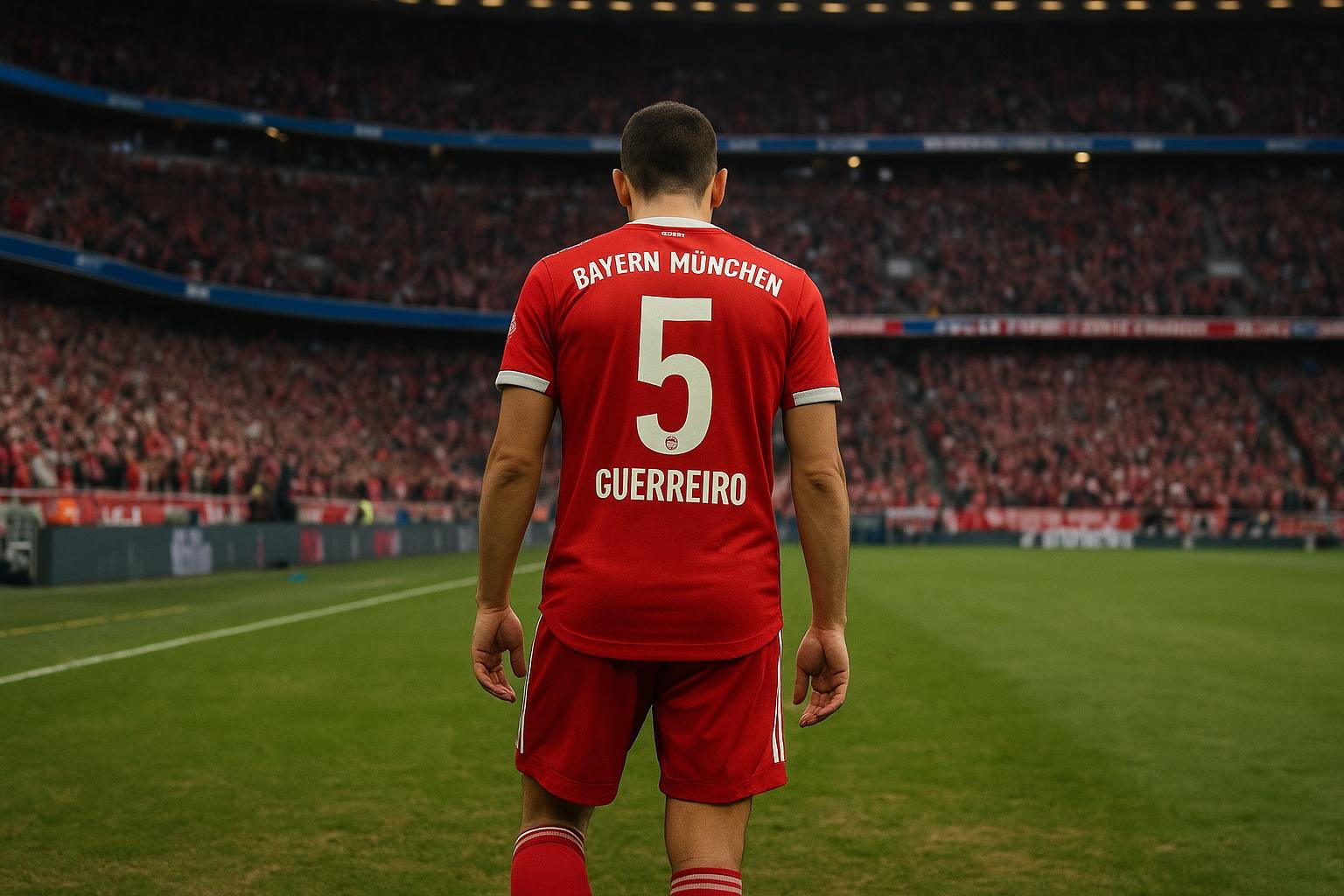 Raphaël Guerreiro in Bayern-tenue tijdens een wedstrijd, gefotografeerd vanop afstand in het stadion.