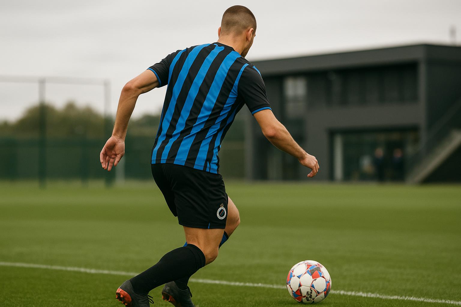 Trainingsmoment bij Club Brugge met een aanvaller in focus, zonder herkenbare gezichten