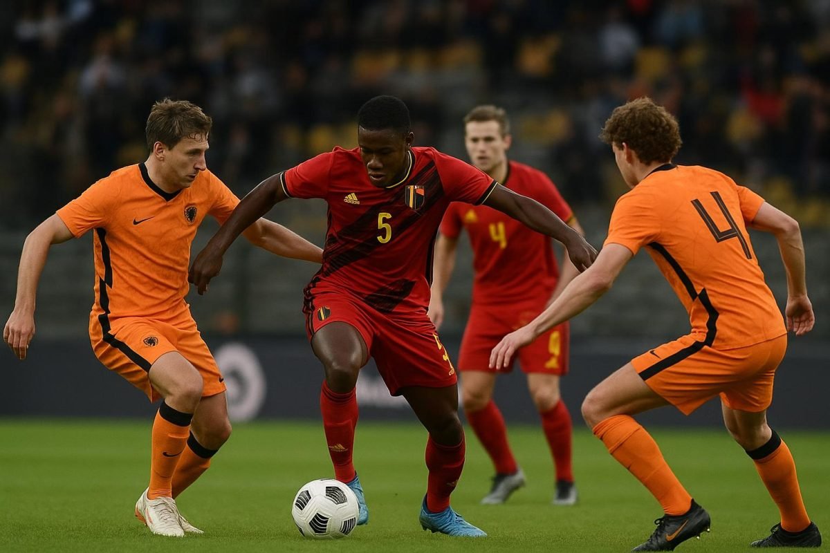 Actiebeeld tijdens de oefeninterland tussen België U21 en Nederland U21 in Venlo
