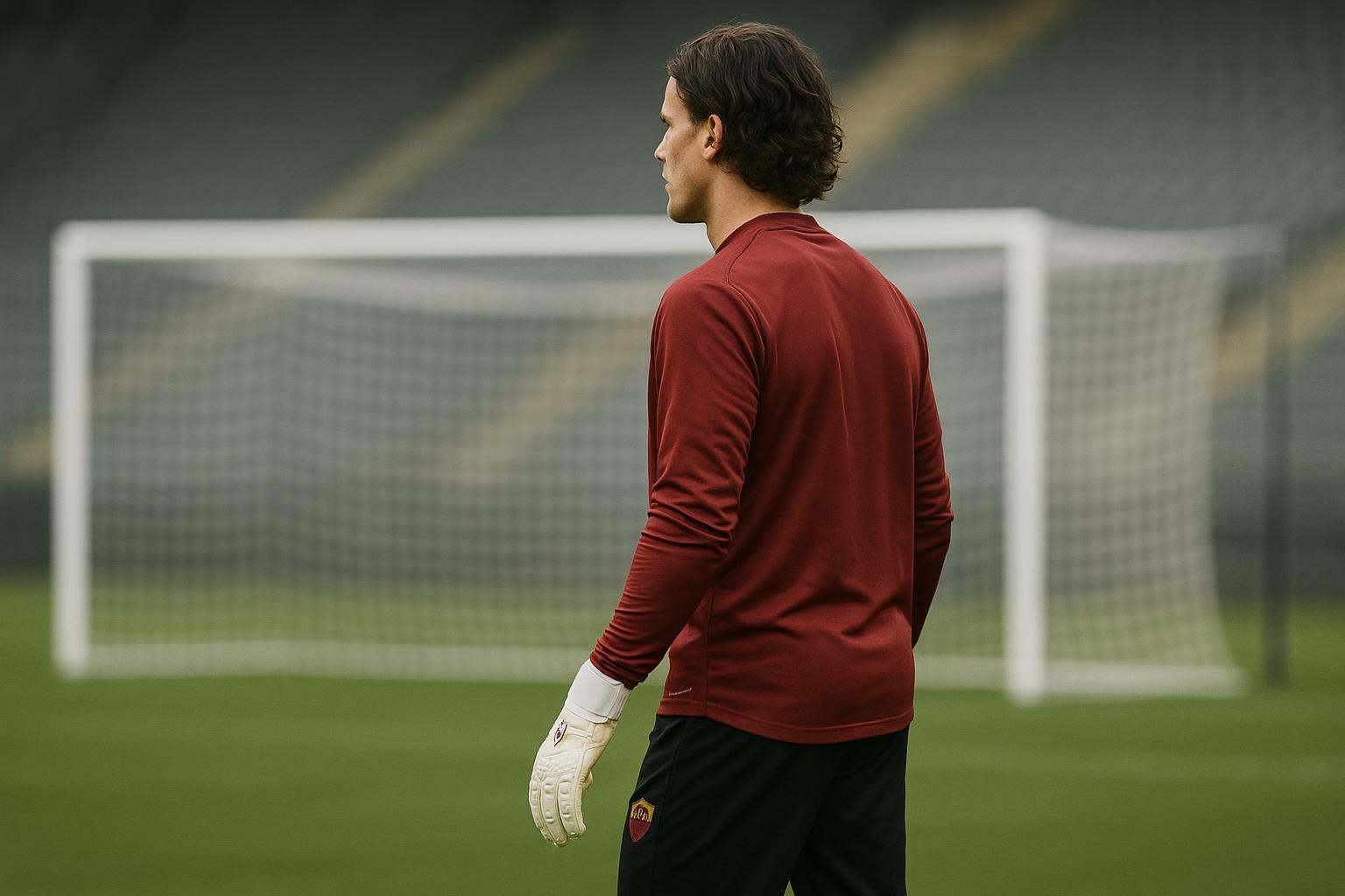 Doelman Mile Svilar van AS Roma op het trainingsveld, met handschoenen en doelnet op de achtergrond.