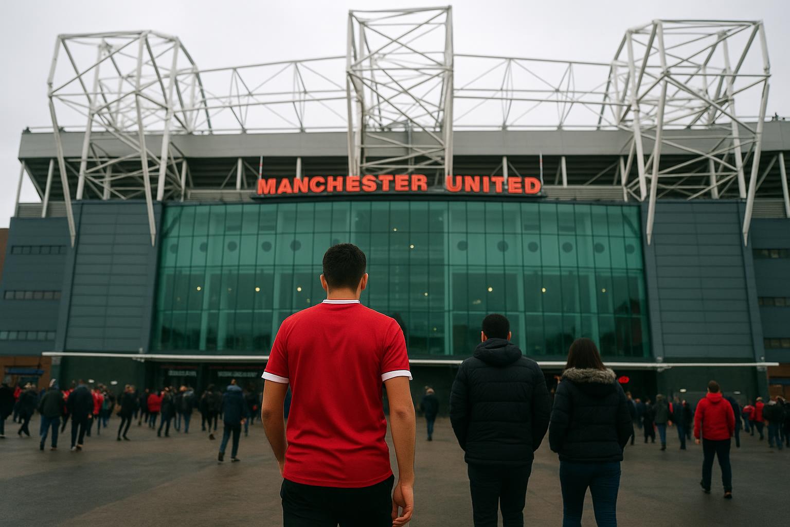 Sfeerbeeld rond Old Trafford in Manchester, als illustratie bij transferplannen van Manchester United