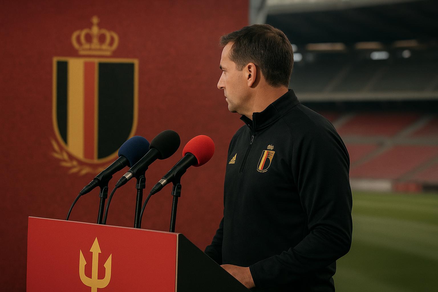 Rudi Garcia tijdens een persmoment bij de Rode Duivels in aanloop naar België - Mexico in Chicago