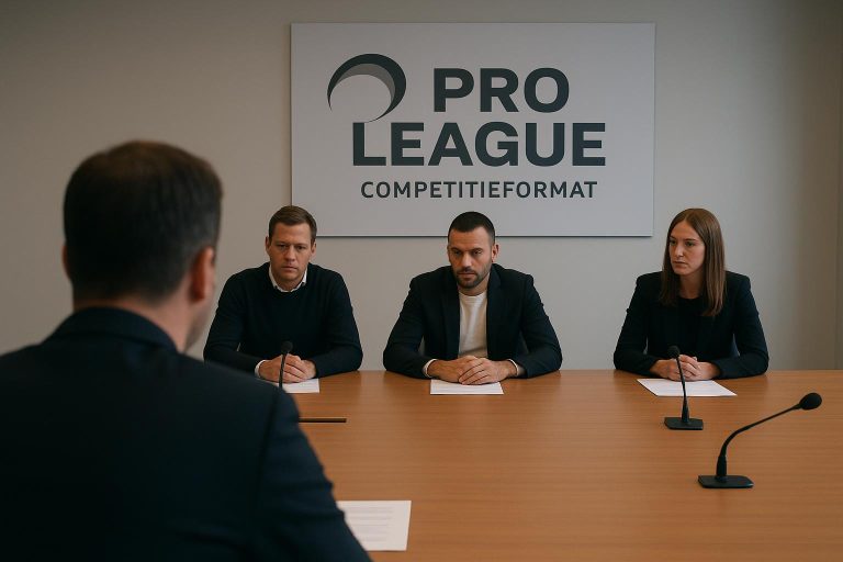 Sfeerbeeld van een Pro League-vergadering rond competitiehervorming