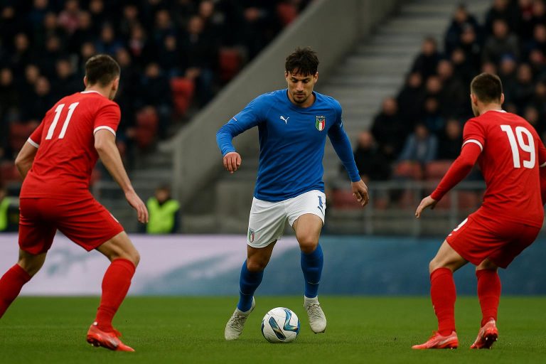 Spelers van Italië in een gespannen moment tijdens een interland in aanloop naar de WK-barrages