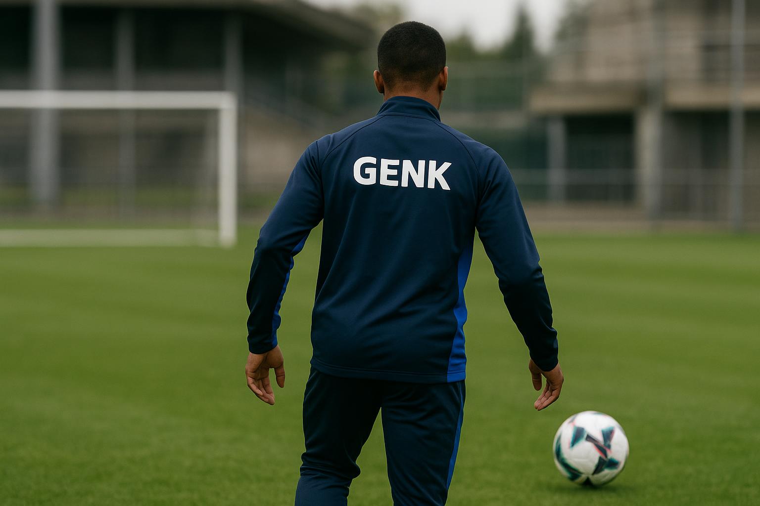 Kenan Haroun in trainingscontext bij KRC Genk, met focus op actie zonder herkenbare gezichten