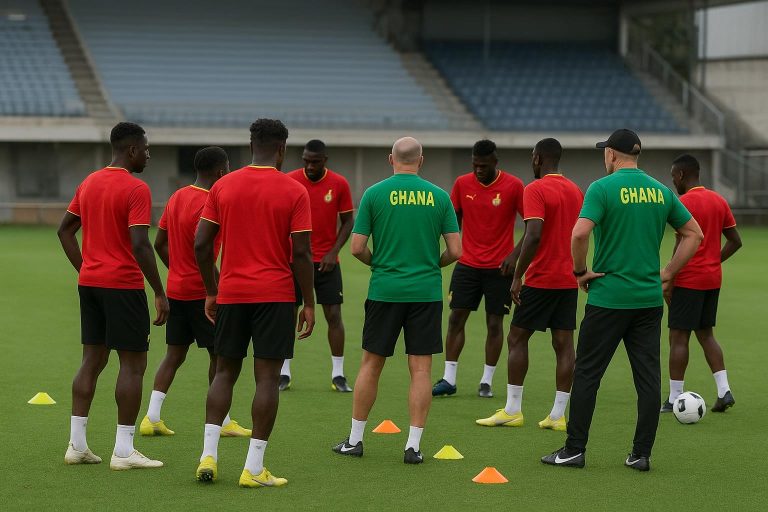 Spelers van Ghana op training met de nationale ploeg, zonder herkenbare gezichten