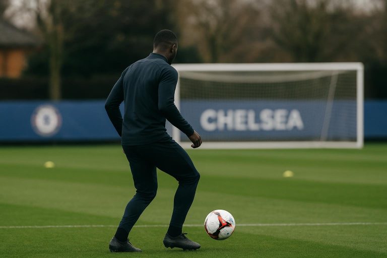 Romeo Lavia bij Chelsea in een trainingscontext, gezien vanop afstand zonder herkenbare gezichten.