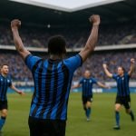 Nicolò Tresoldi van Club Brugge viert een doelpunt in een stadion