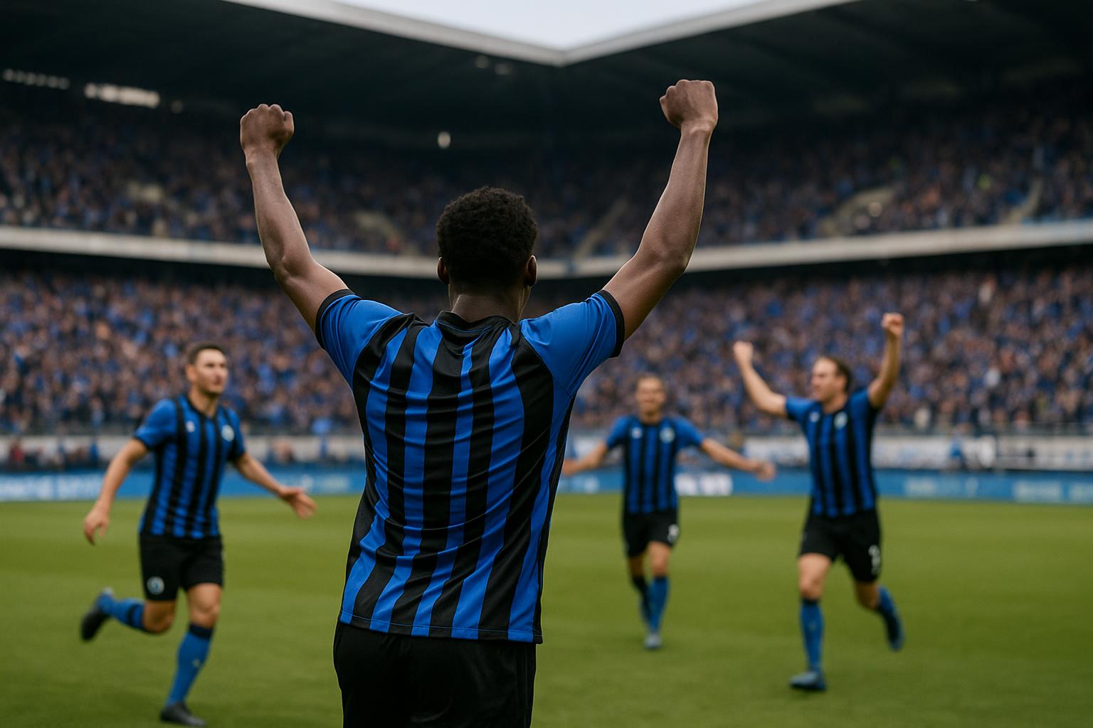 Nicolò Tresoldi van Club Brugge viert een doelpunt in een stadion