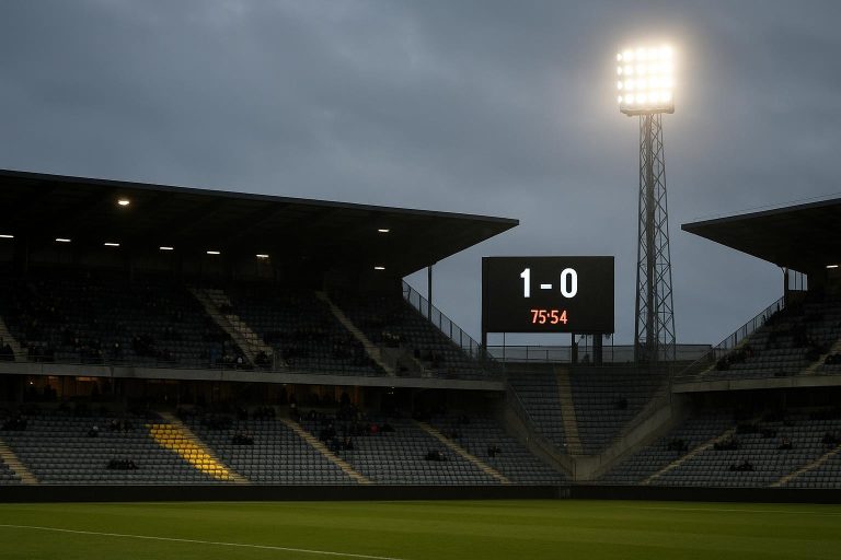 Sfeershot in een stadion van de Challenger Pro League tijdens een wedstrijdavond, zonder herkenbare gezichten.