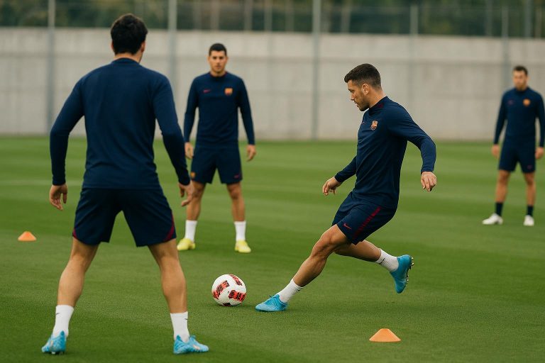 Spelers van FC Barcelona trainen met een beperkte groep tijdens de interlandperiode.