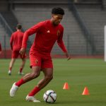 Trainingmoment bij de Rode Duivels met Mika Godts in beeld vanop afstand