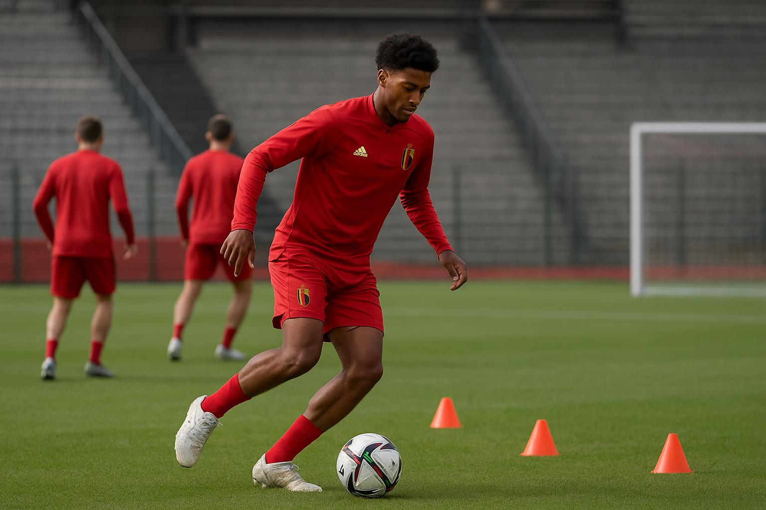 Trainingmoment bij de Rode Duivels met Mika Godts in beeld vanop afstand