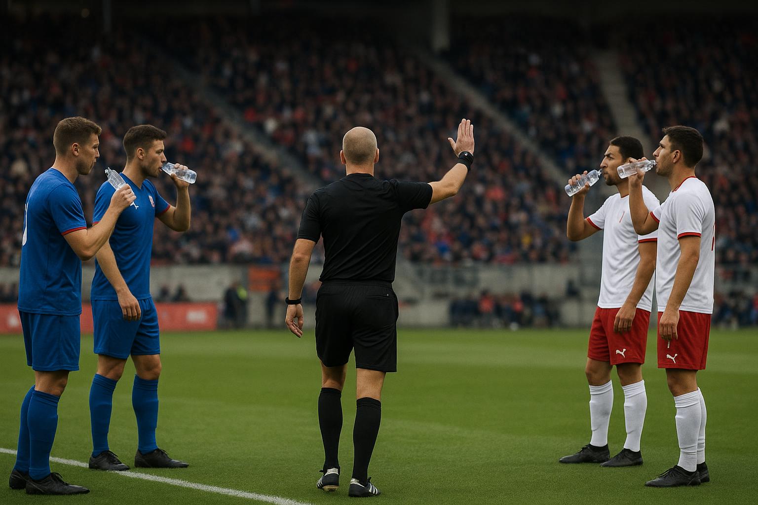 Scheidsrechter onderbreekt een WK-wedstrijd voor een drinkpauze in een stadion.
