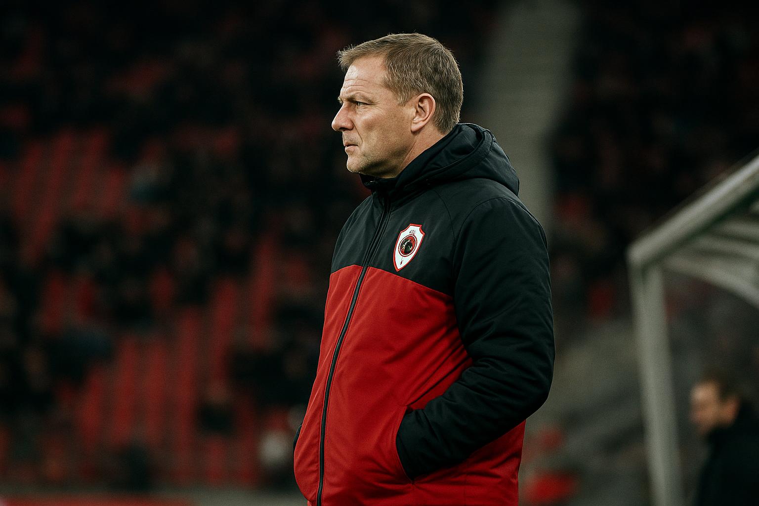 Joseph Oosting langs de zijlijn in het Bosuilstadion bij Royal Antwerp FC