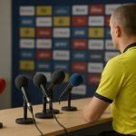 Jonathan Lardot, scheidsrechtersbaas, tijdens een persmoment over arbitrage in België