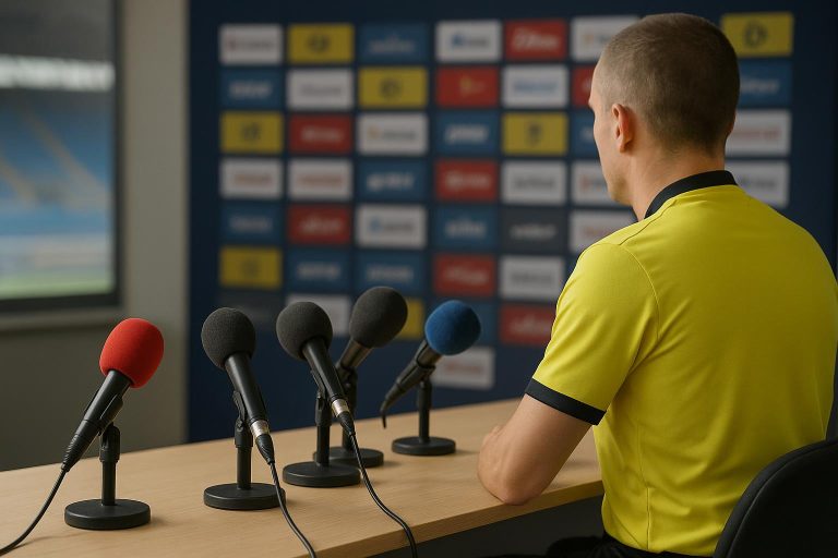 Jonathan Lardot, scheidsrechtersbaas, tijdens een persmoment over arbitrage in België