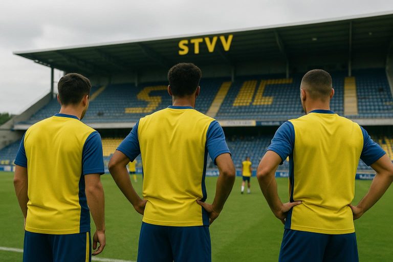 Sfeerbeeld op Stayen bij STVV met spelers in geel-blauw tijdens een trainingsmoment