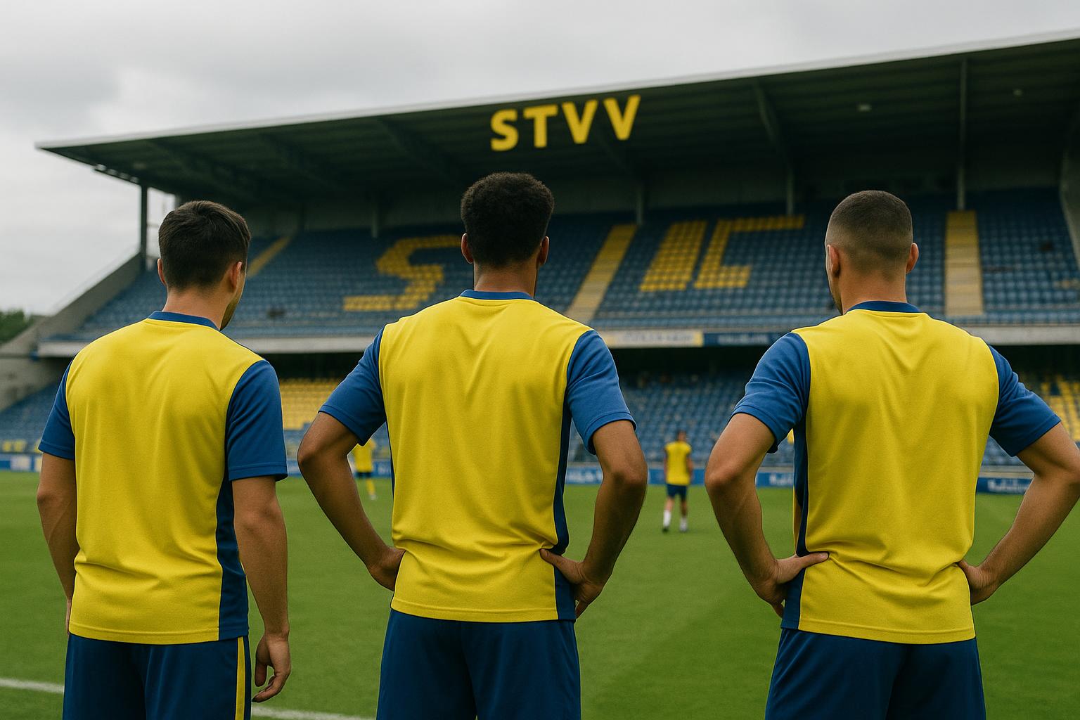 Sfeerbeeld op Stayen bij STVV met spelers in geel-blauw tijdens een trainingsmoment